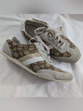 Coach Beige and White Signature Canvas Lace-Up Sneakers